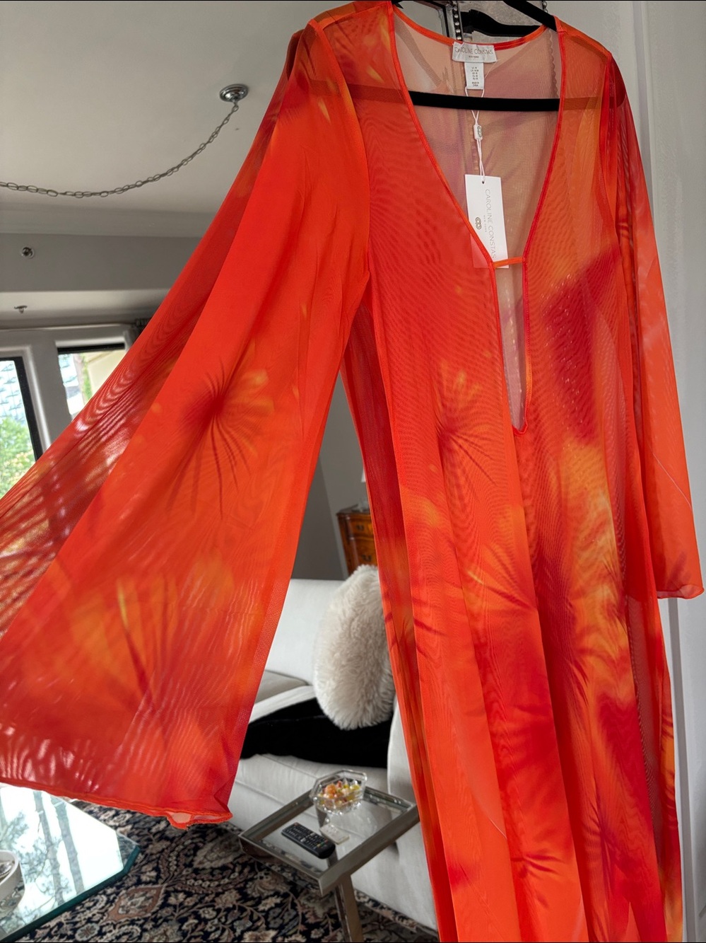 NWT Caroline Constas Orange Tropical Mesh Sheer Cover-Up Maxi Size Large - Picture 5 of 8